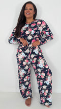 CurveWow Floral Print Pyjama Set Navy