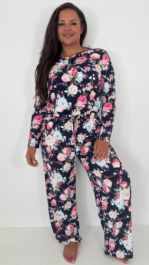 CurveWow Floral Print Pyjama Set Navy
