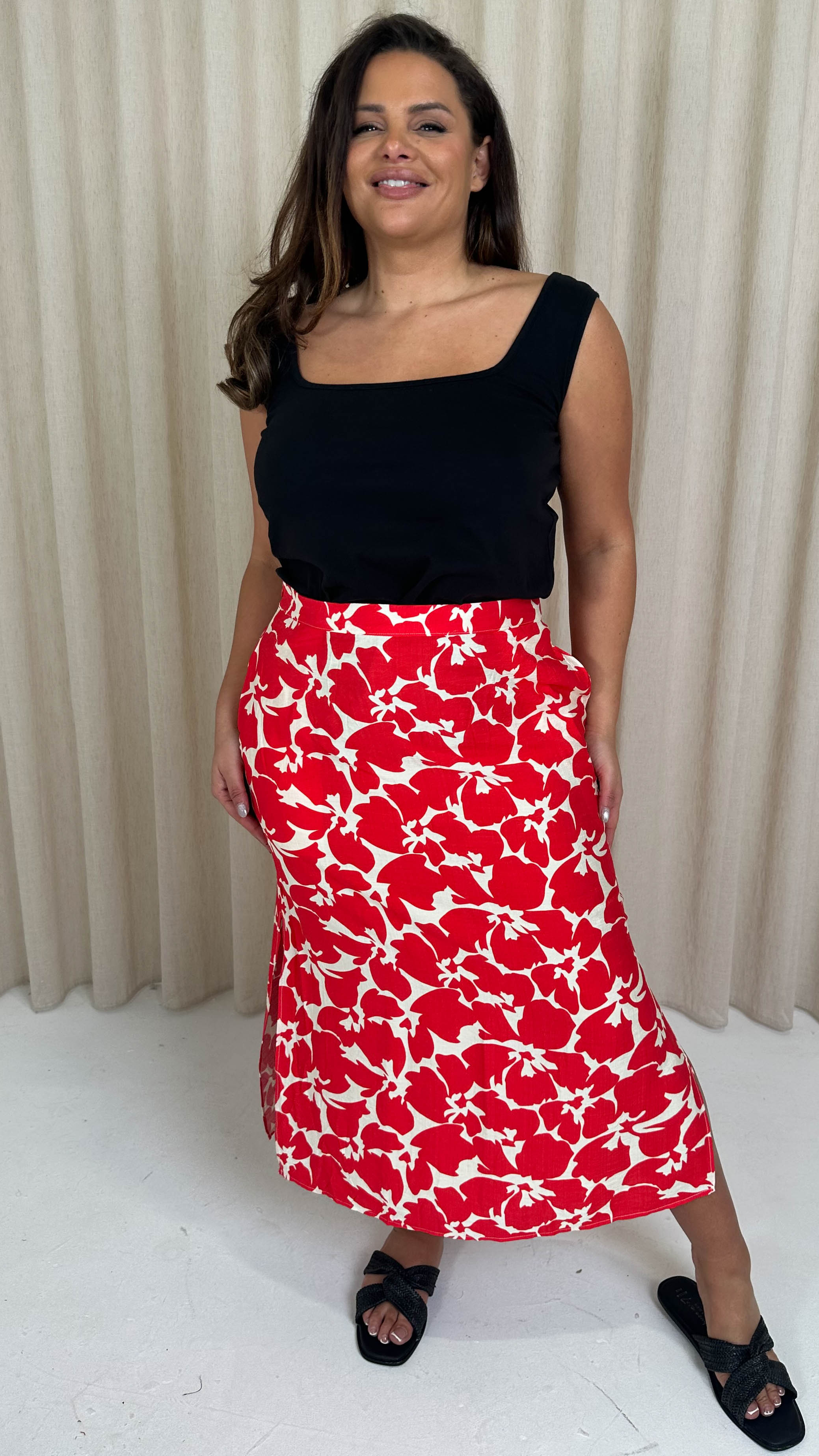 CurveWow Pocket Split Hem Maxi Skirt Red Floral