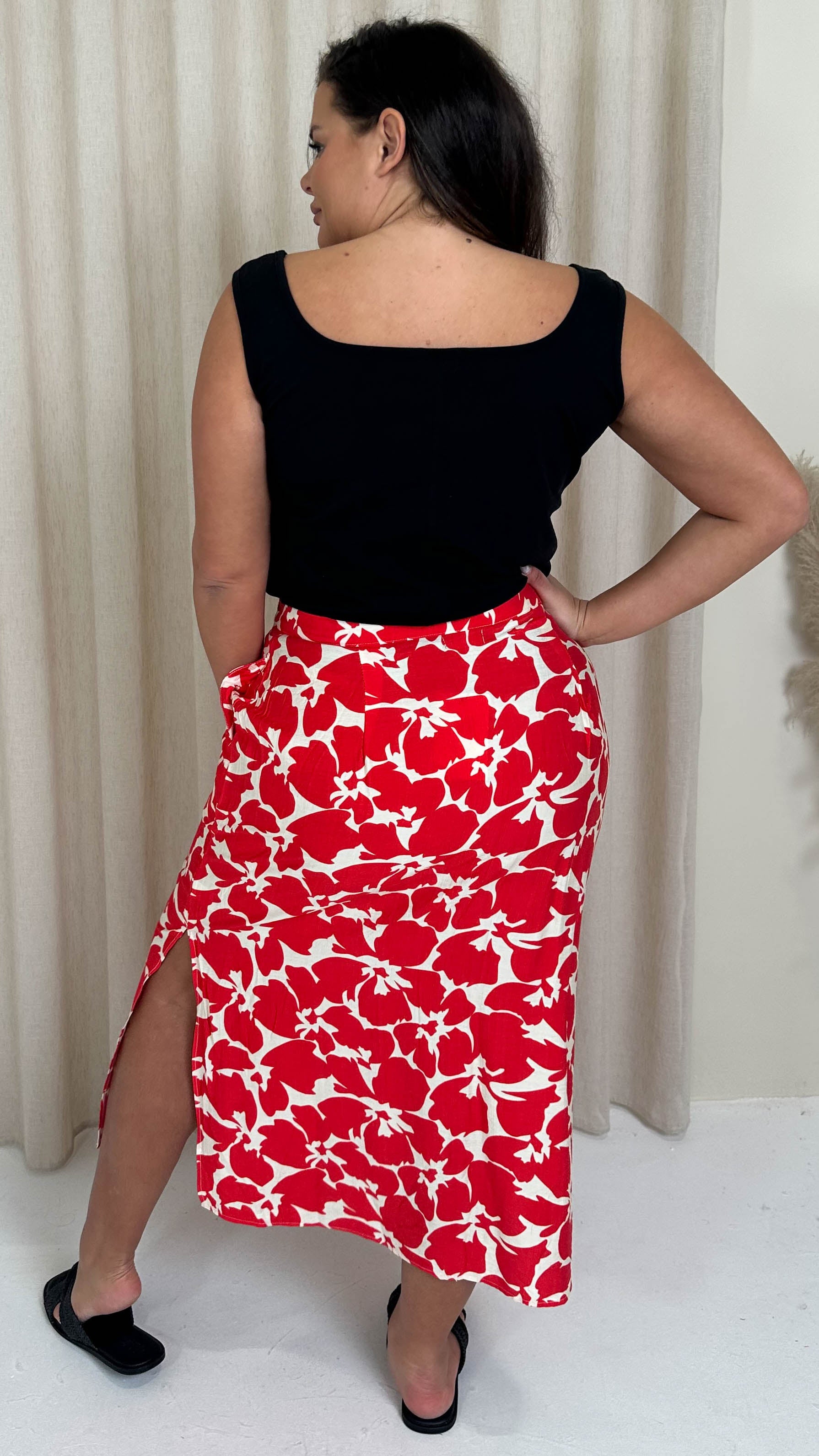 CurveWow Pocket Split Hem Maxi Skirt Red Floral