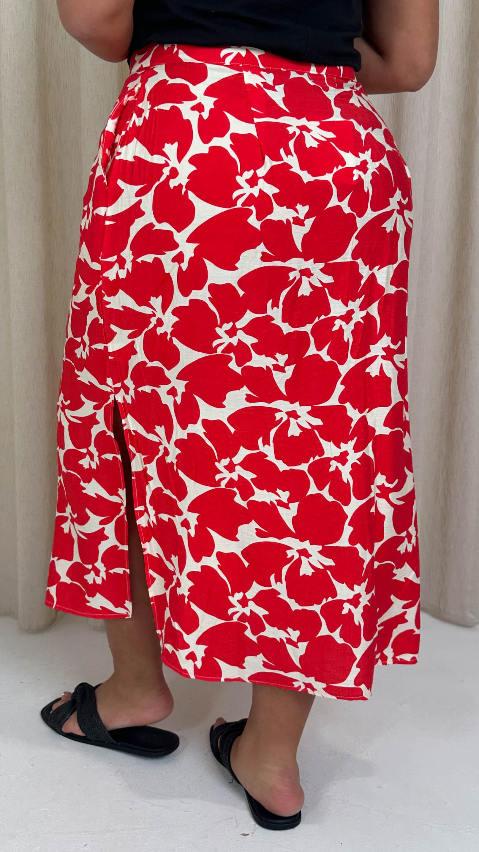 CurveWow Pocket Split Hem Maxi Skirt Red Floral