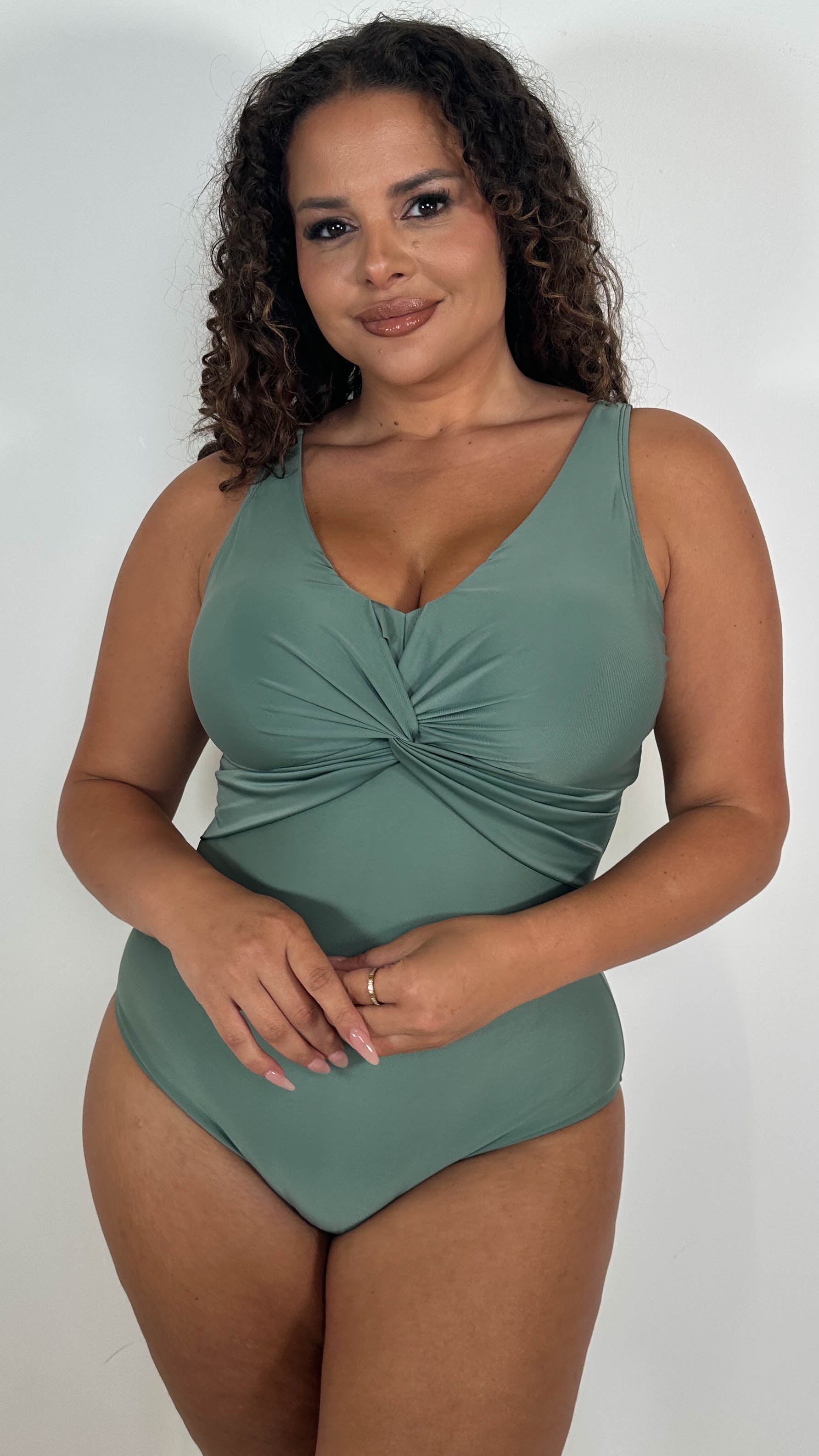 CurveWow Twist Front Textured Swimsuit Khaki