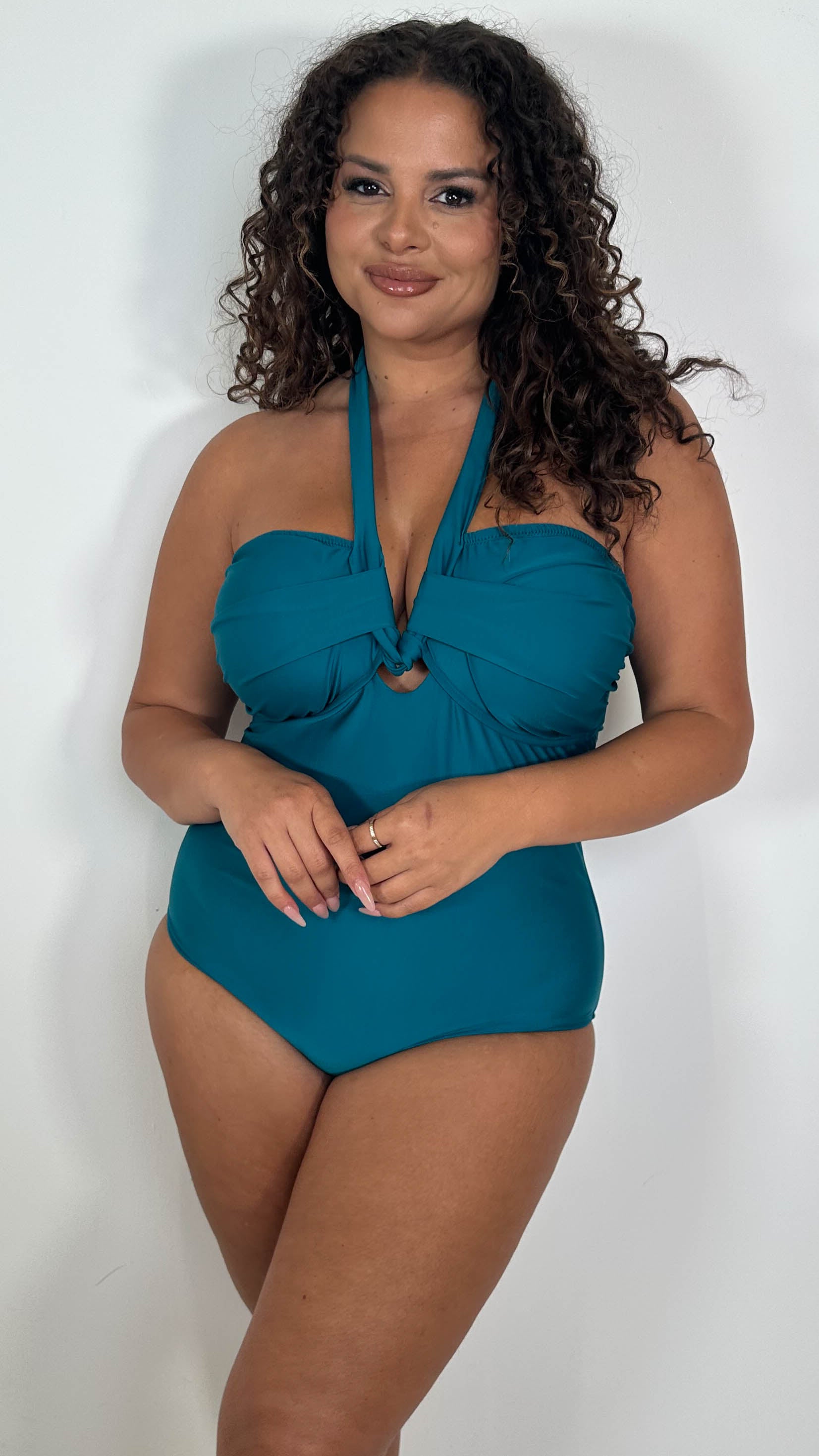 CurveWow Plain Plaited Halter Swimsuit Teal