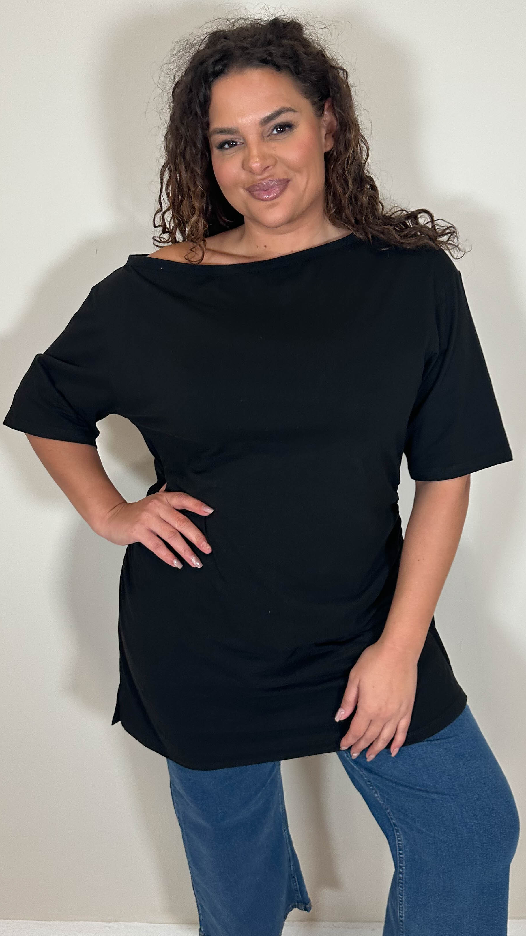 CurveWow Cinched Waist Drop Shoulder Top Black