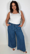 CurveWow Chambray Wide Leg Trousers Mid Wash