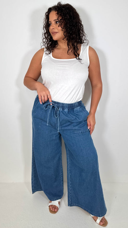 CurveWow Chambray Wide Leg Trousers Mid Wash