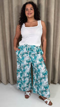 CurveWow Wide Leg Trousers Green & White Palm Leaves