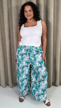CurveWow Wide Leg Trousers Green & White Palm Leaves