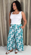 CurveWow Wide Leg Trousers Green & White Palm Leaves