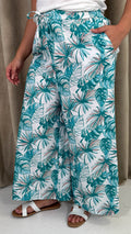 CurveWow Wide Leg Trousers Green & White Palm Leaves