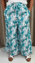 CurveWow Wide Leg Trousers Green & White Palm Leaves
