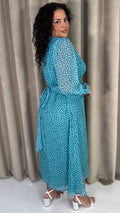CurveWow Plunge Front Maxi Dress Blue Polka Dot