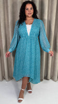 CurveWow Plunge Front Maxi Dress Blue Polka Dot