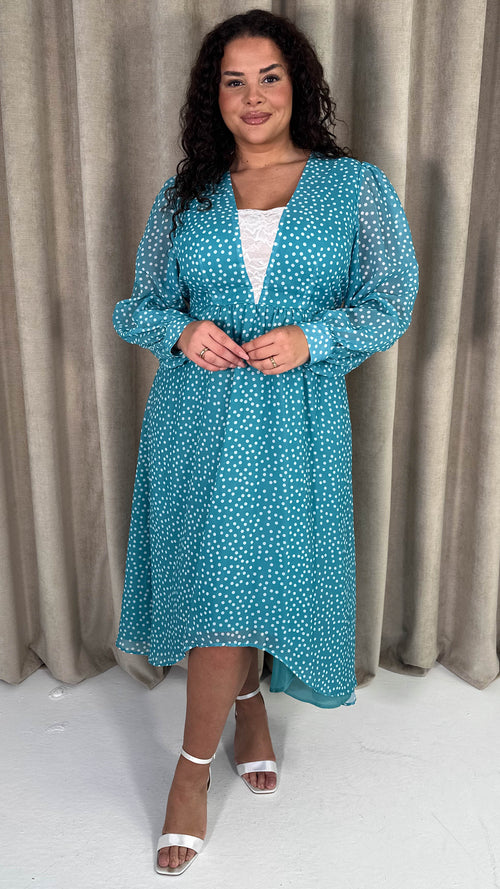 CurveWow Plunge Front Maxi Dress Blue Polka Dot