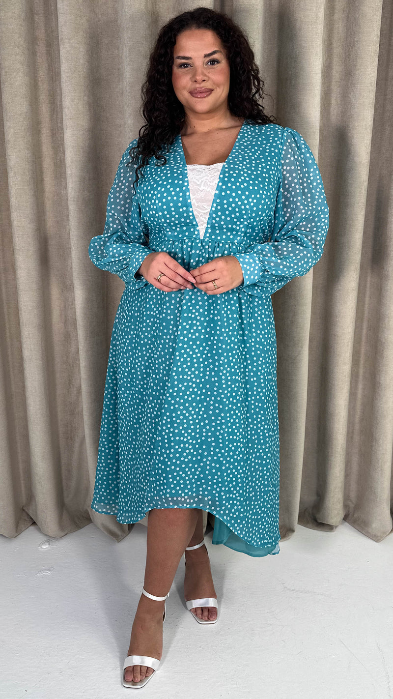 CurveWow Plunge Front Maxi Dress Blue Polka Dot