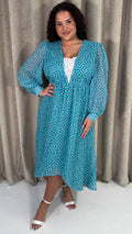 CurveWow Plunge Front Maxi Dress Blue Polka Dot
