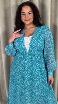 CurveWow Plunge Front Maxi Dress Blue Polka Dot