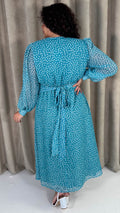 CurveWow Plunge Front Maxi Dress Blue Polka Dot