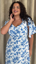 CurveWow Ruched Front Midi Dress Blue Floral