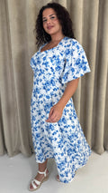CurveWow Ruched Front Midi Dress Blue Floral