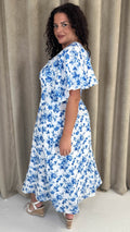 CurveWow Ruched Front Midi Dress Blue Floral
