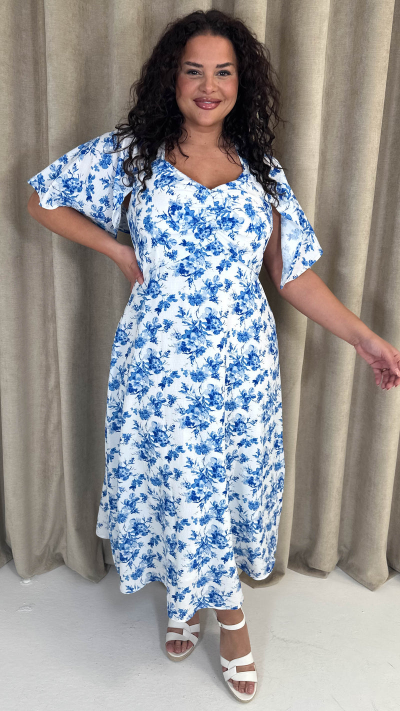 CurveWow Ruched Front Midi Dress Blue Floral