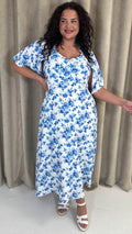 CurveWow Ruched Front Midi Dress Blue Floral