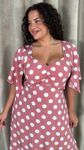 CurveWow Ruched Front Midi Dress Pink Polka Dot