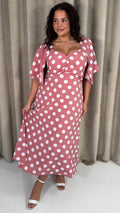 CurveWow Ruched Front Midi Dress Pink Polka Dot