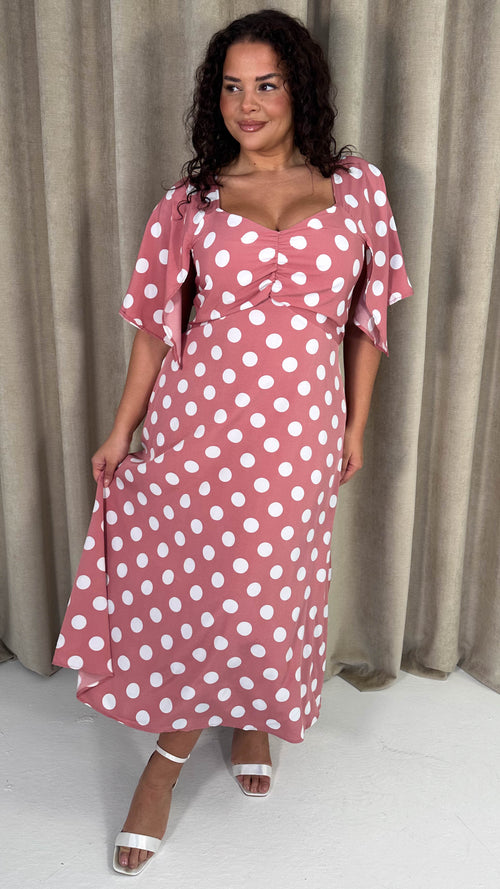 CurveWow Ruched Front Midi Dress Pink Polka Dot