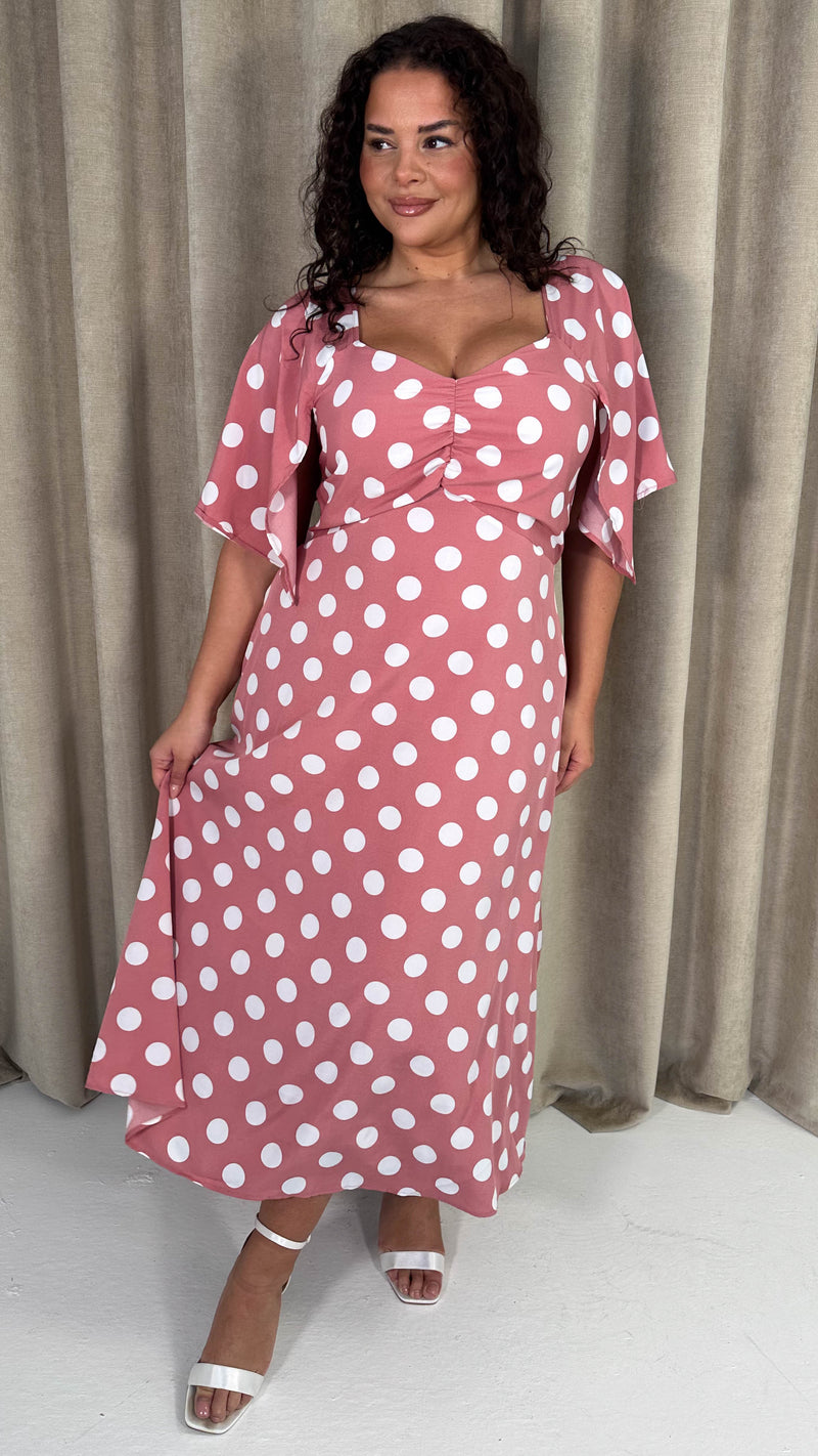 CurveWow Ruched Front Midi Dress Pink Polka Dot
