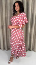 CurveWow Ruched Front Midi Dress Pink Polka Dot