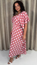 CurveWow Ruched Front Midi Dress Pink Polka Dot