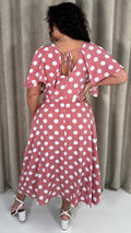 CurveWow Ruched Front Midi Dress Pink Polka Dot