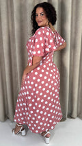 CurveWow Ruched Front Midi Dress Pink Polka Dot