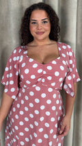 CurveWow Ruched Front Midi Dress Pink Polka Dot