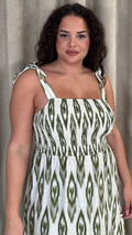 CurveWow Tie Shoulder Strappy Midaxi Dress Green Ikat Print