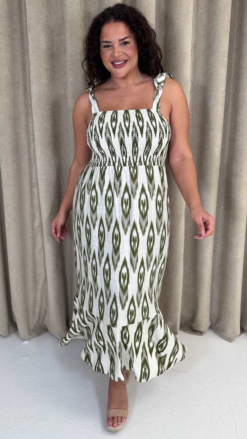 CurveWow Tie Shoulder Strappy Midaxi Dress Green Ikat Print