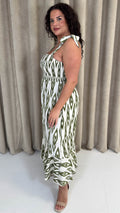 CurveWow Tie Shoulder Strappy Midaxi Dress Green Ikat Print