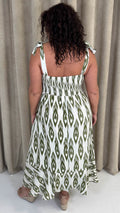 CurveWow Tie Shoulder Strappy Midaxi Dress Green Ikat Print