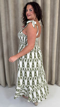 CurveWow Tie Shoulder Strappy Midaxi Dress Green Ikat Print