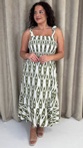 CurveWow Tie Shoulder Strappy Midaxi Dress Green Ikat Print