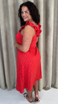 CurveWow Frill V-Neck Summer Dress Red Ditsy