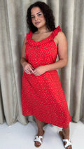CurveWow Frill V-Neck Summer Dress Red Ditsy