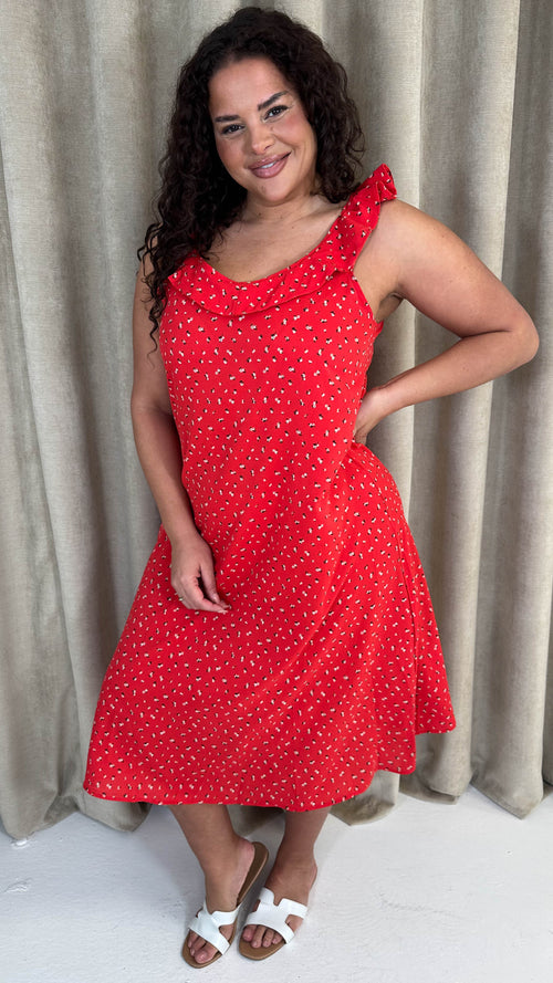 CurveWow Frill V-Neck Summer Dress Red Ditsy