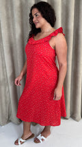 CurveWow Frill V-Neck Summer Dress Red Ditsy