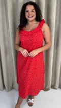 CurveWow Frill V-Neck Summer Dress Red Ditsy