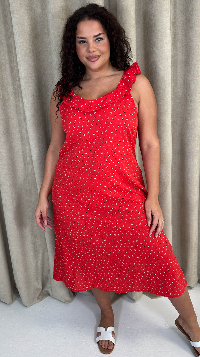 CurveWow Frill V-Neck Summer Dress Red Ditsy