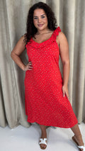 CurveWow Frill V-Neck Summer Dress Red Ditsy