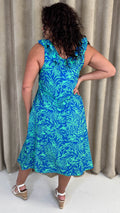 CurveWow Frill V-Neck Summer Dress Blue & Green Palm